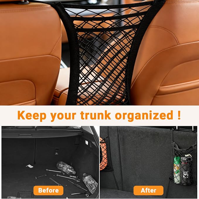 3-Layer Car Mesh Organizer - Backseat Storage & Pet Barrier for Small Dogs | 11"x8.3" net fits headrests or between seats. Holds bottles, umbrellas, tissues, toys. Keeps small dogs (<22lb) from front. - Image 6