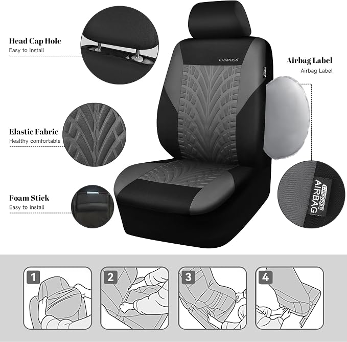CAR PASS Car Seat Covers Full Sets, Front & Split Rear Bench for Car, 3D Tyre Embossed Automotive Interior Covers, Airbag Compatible, Quick Setup Universal Fit Seat Covers for Car, SUV(Black Gray) - Image 3