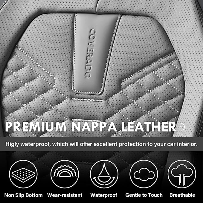 Coverado Seat Covers Full Set, Waterproof Nappa Leather Seat Covers for Cars, 5 Seats Universal Car Seat Protectors, Black and Gray Automotive Seat Covers Car Seat Cushions Fit for Most Cars - Image 7