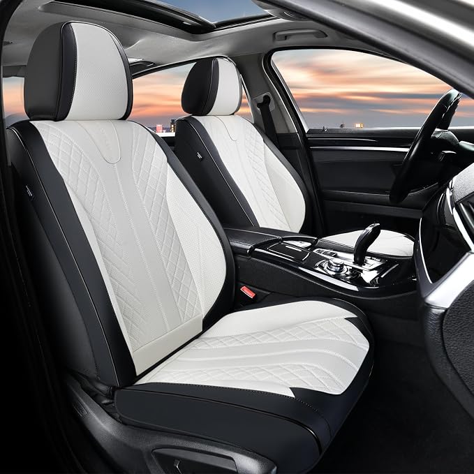 FLORICH Seat Covers Full Set Luxury Faux Leather Front and Rear Car Seat Cover Waterproof Automotive Seat Covers 5 Seats Car Seat Protector Universal Fit for Most Cars SUV Trucks, Black&White - Image 2