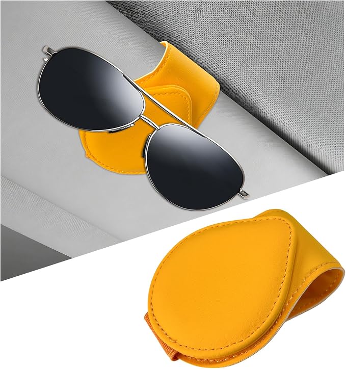 Magnetic Sunglass Holder for Car Visor, Leather Vehicle Sunglass Hanger Clamp Card Holder with Magnet, Universal Eyeglass Clamp Visor Ticket Organizer for Cars Trucks SUVs (Yellow) by Pxobiug