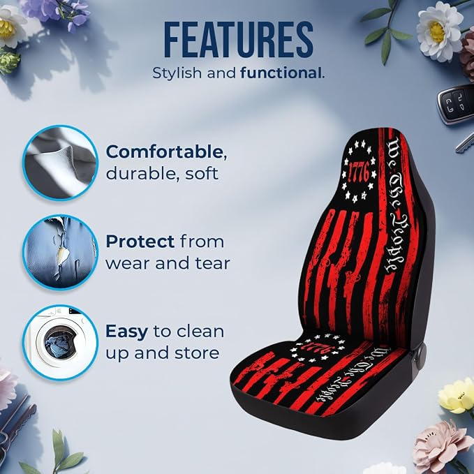 GENANY Vintage Patriotic Flag Car Seat Covers, 2-Piece Front Seat Set | 2-piece polyester front seat cover set, each 35 x 21 x 21 inches, with adjustable straps and hooks - Image 6