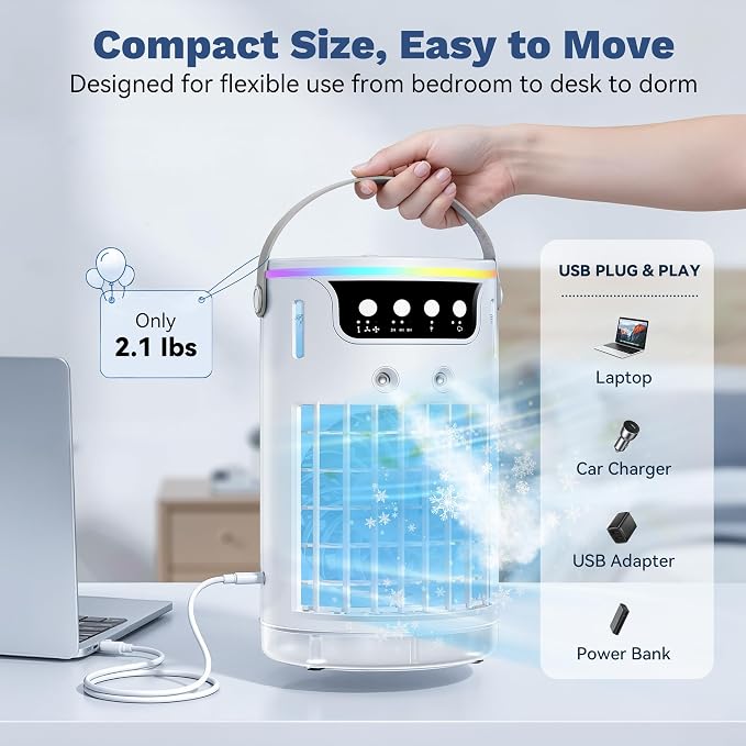 Portable Air Conditioners Desktop AC Unit with Water Ice Cooling Mist, Personal Evaporative Air Cooler Fan Mini Swamp Cooler for Bedroom, Nightstand, Office, Dorm, RV (White) - Image 7