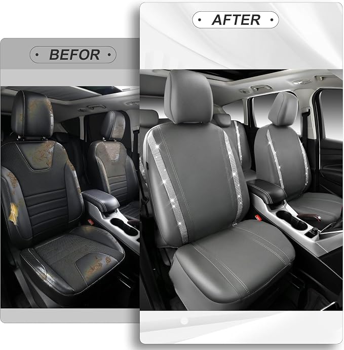 CAR PASS Bling Car Seat Covers Full Set, Shining Glitter Rhinestone Diamond Waterproof Faux Leather Interior Sets Universal Fit Automotive Glitter Crystal Sparkle Strips for Cute Women Girl, Gray - Image 7