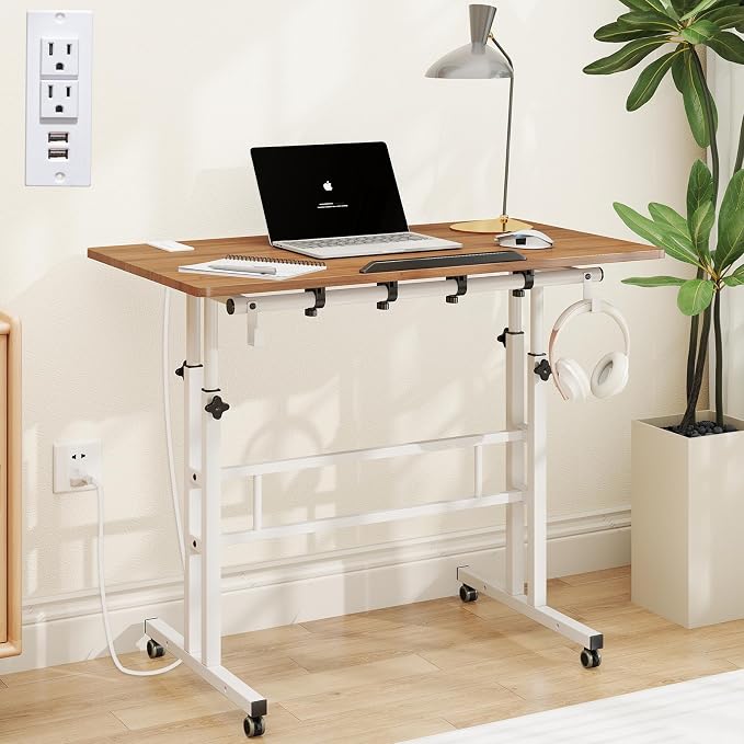 SIDUCAL Mobile Stand Up Desk with USB Ports and Outlets, Adjustable Laptop Desk on Wheels, Home Office Workstation, Rolling Laptop Cart for Standing or Sitting, 31.5" x 23.6" Vintage Oak by SIDUCAL