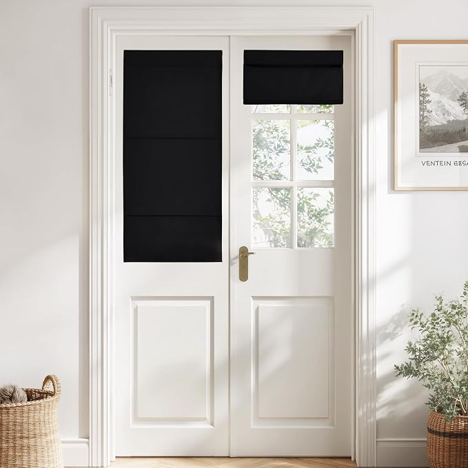 NICETOWN Black Magnetic Blackout No Drill French Door Curtain for Window | Thermal Insulated Short Curtain Blinds, Tie Up Roman Shade, Front Sidelight Curtains for Window Glass 24" W x 48" L, 1 Panel by NICETOWN