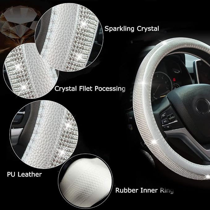New Diamond Leather Steering Wheel Cover with Bling Crystal Rhinestones | Universal Fit 15 Inch Car Wheel Protector for Women Girls Silver - Image 4