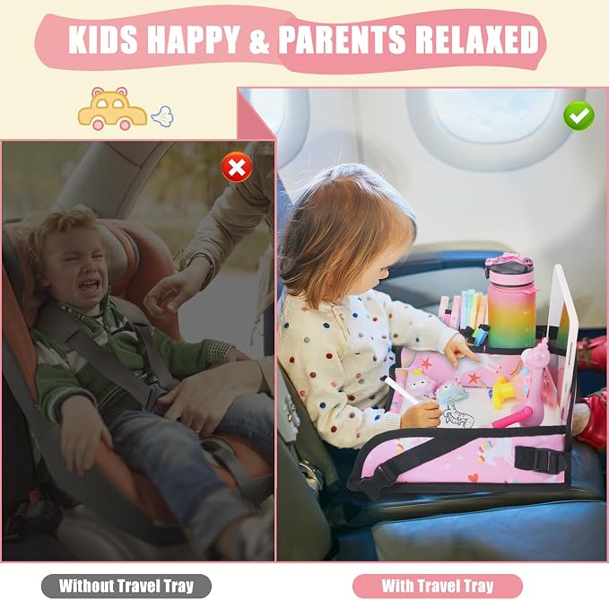 Kids Travel Tray for Car Airplane - Car Seat Tray for Kids Travel, Toddler Carseat Lap Table, Road Trip Essentials, Lap Desk for Kid Roadtrip Activities, Pink Unicorn - Image 3