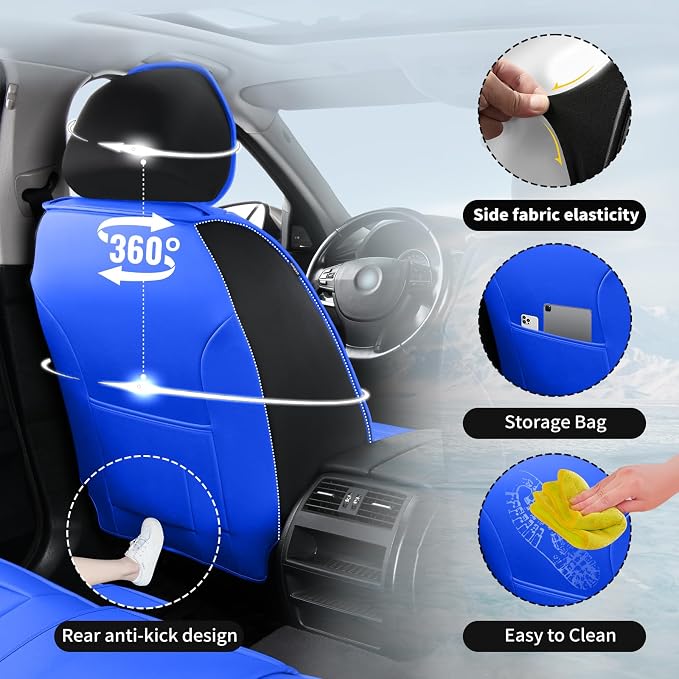 Fit Tacoma Premium Leather Car Seat Covers for Toyota Tacoma 2016-2022 2023 - Waterproof，Breathable，All-Weather Seat Cushion Protecto & Airbag Compatible, Full Set Blue&Black - Image 8