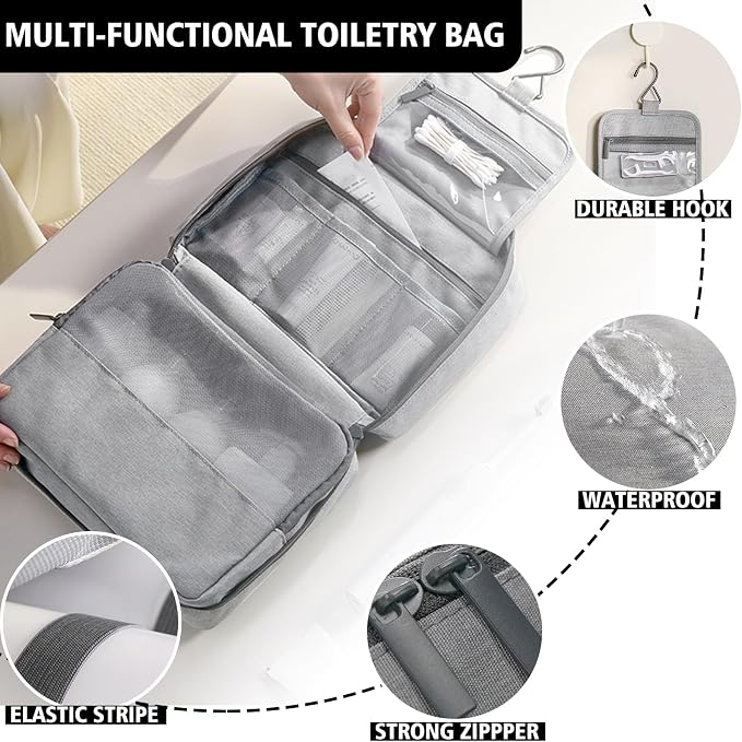 L&FY Travel Toiletry Bags With Hanging Hook, Large Capacity Travel Cosmetic Makeup Organizer, Gifts For Women Men,Travel Accessories-Beige - Image 3