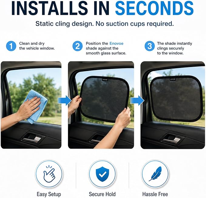 2-Pack Car Window Shades by Enovoe - 19" x 12" in Side Window Cover for SUVs, Sedans, and Trucks - Protects Baby from UV Rays and Glare - Cling Design for Easy Use - Plain - Image 6