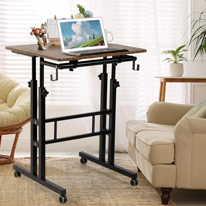 SIDUCAL Mobile Standing Desk, Portable Stand Up Desk, Small Adjustable Converter with Wheels Home Office Workstation, Rolling Laptop Cart for Sitting, Rustic Brown - Image 9