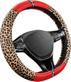 Road Comforts Leopard Steering Wheel Cover for Women, Cute Anti-Slip Microfiber Leather, Fits D Shape Flat Bottom Steering Wheel 14.5-15 Inch - Red - Image 2