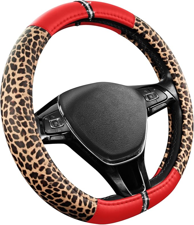 Road Comforts Leopard Steering Wheel Cover for Women, Cute Anti-Slip Microfiber Leather, Fits D Shape Flat Bottom Steering Wheel 14.5-15 Inch - Red - Image 2