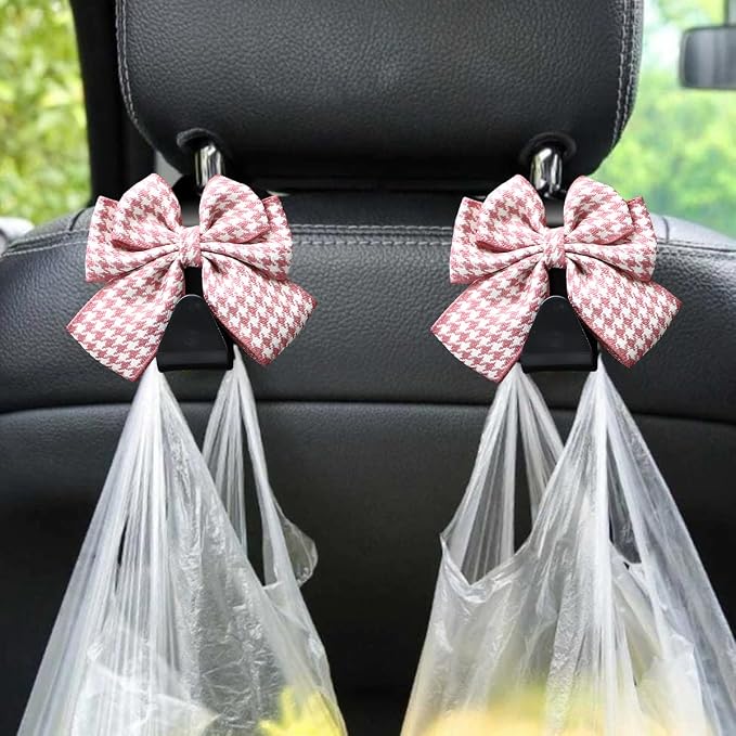 Mandark 2PCS Bow Car Headrest Hooks for Bags, Pink/White | PVC construction, clip-on installation keeps items off the floor, fits most cars, SUVs, and trucks, car interior accessories - Image 4