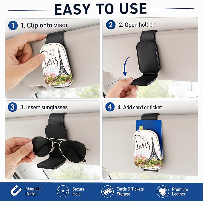 Leather Magnetic Sunglass Holder for Car Sun Visor, Cute Eyeglass Ticket Card Hanger Clip, Universal Auto Interior Accessories for SUV Pickup Truck, Paris Tower - Image 5