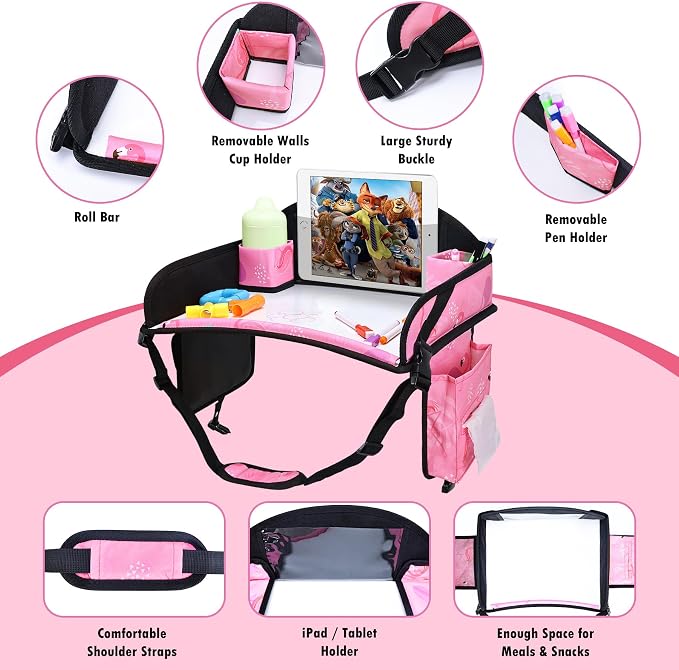 Kids Travel Tray for Toddler Car Seat, Road Trip Activities for Kid | Toddler Car Activities with iPad Holder Stand, Roadtrip Essentials with Dry Erase Board & Cooler Cup Holder, 2PC - Image 3