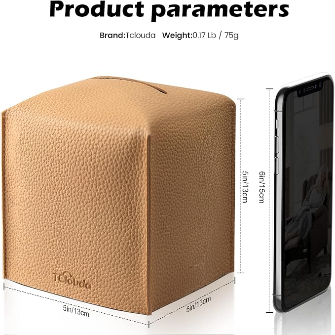 Tissue Box Cover, Tclouda, Modern PU Leather Square Tissue Box Holder for Creative Decorative, Ideal for Bathrooms/Office/Car/Nightstand/Outdoor Tent/Dining Table, 5"X5"X5", Single Claybank - Image 2