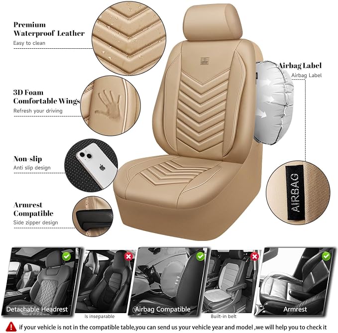 CAR PASS 3D Foam Faux Leather Seat Covers Full Set,Waterproof Tan Leather Seat Cover for Cars,Luxury Universal Fit Anti-Slip for SUV Truck Sedan Automotive,Armrest Airbag Compatible,All Beige - Image 3