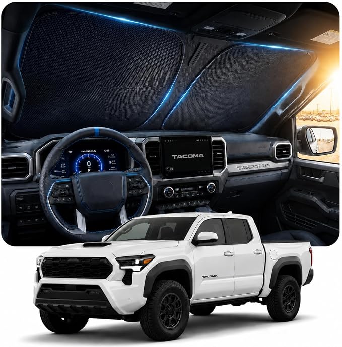 [2026 Upgraded] DooGooCoo Windshield Sun Shade for Toyota Tacoma 2024-2025 2026 [Cooling Ice-Crystal, 100% Sun Block] Car Sunshade Windshield for Truck Tacoma Sun Shade, Custom Fit for Toyota Tacoma. by DooGooCoo