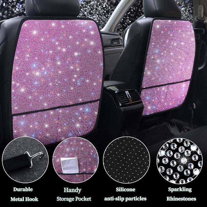 Bling Kick Mats for Car Seats with Pockets – Crystal Diamond Protectors for Girls & Women, Easy-to-Install Backseat Kick Mats with Storage & Sparkling Rhinestones Pink 2pcs - Image 2