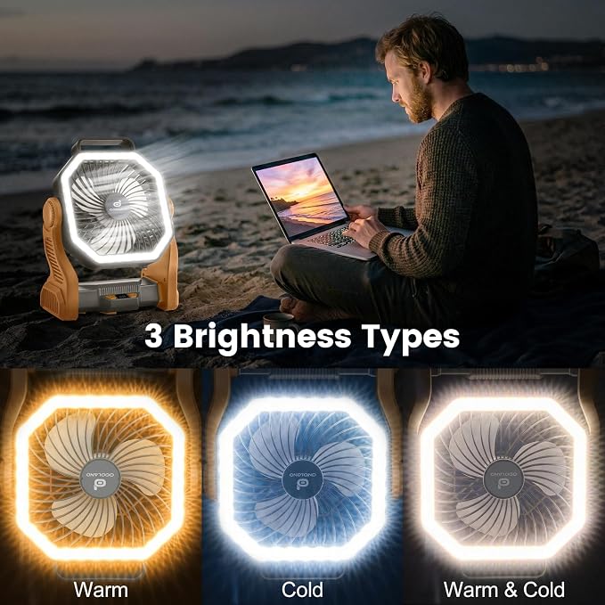 Odoland Portable Rechargeable Fan, 20000mAh Camping Fan with LED Lantern | 4-Speed Airflow & 3-Color Light Oscillating Fan with Hanging Hook for Tent Car Beach Hurricane Power Outage, Brown - Image 4