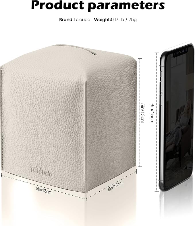 Tissue Box Cover for PU Leather, Modern Simple Solid Color Holder Square Tissue Bag, Ideal for Bathrooms,Office,Car,Outdoor Tent,Dining Table,5"X5"X5", Single Off-White - Image 2