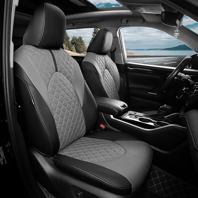 Custom Seat Covers for Toyota Highlander 2020-2026 7 Seats | black grey, faux leather, 2nd row captain chairs, waterproof, breathable, airbag compatible, stain resistant, easy install by FEINEPRO