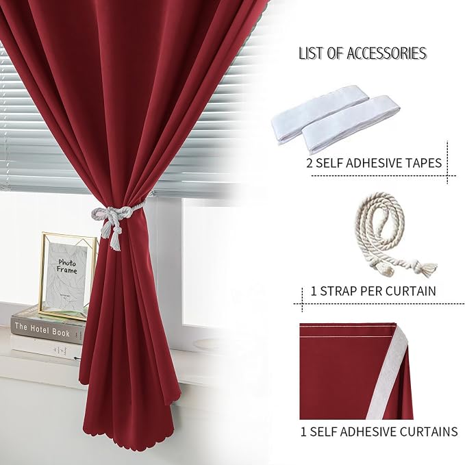 Self Adhesive Curtains, Stick Curtain Blackout Shades Window Cover Curtains for Living Room No Drilling, 35" W X 79" L, Burgundy, 1 Panel - Image 2