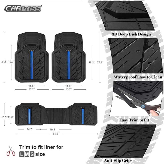 CAR PASS Rubber Floor Mats for Cars, Car Mats Full Sets DeepDish,Universal S~L Size Trim-to Fit Automotive Floor Mat for Truck Van SUV, Heavy Duty Waterproof All-Weather Floor liner Durable Black Blue - Image 3
