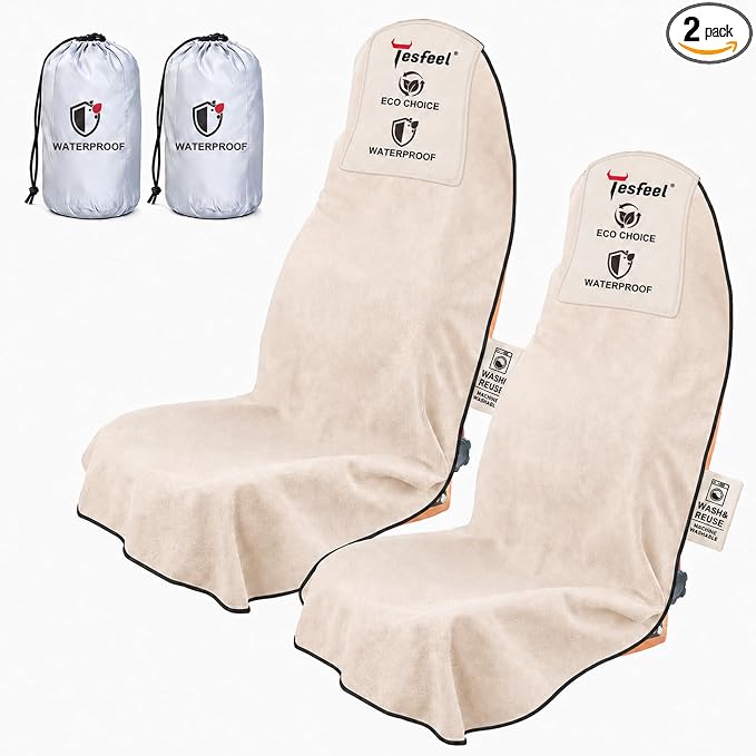 Towel Car Seat Covers for Sweat Protection, GRS Certified Recycled Microfiber Absorbent Front Seat Protector, Non-Slip Washable Universal Fit for Sedans SUV Minivans(2 Pack,Beige) by TESFEEL