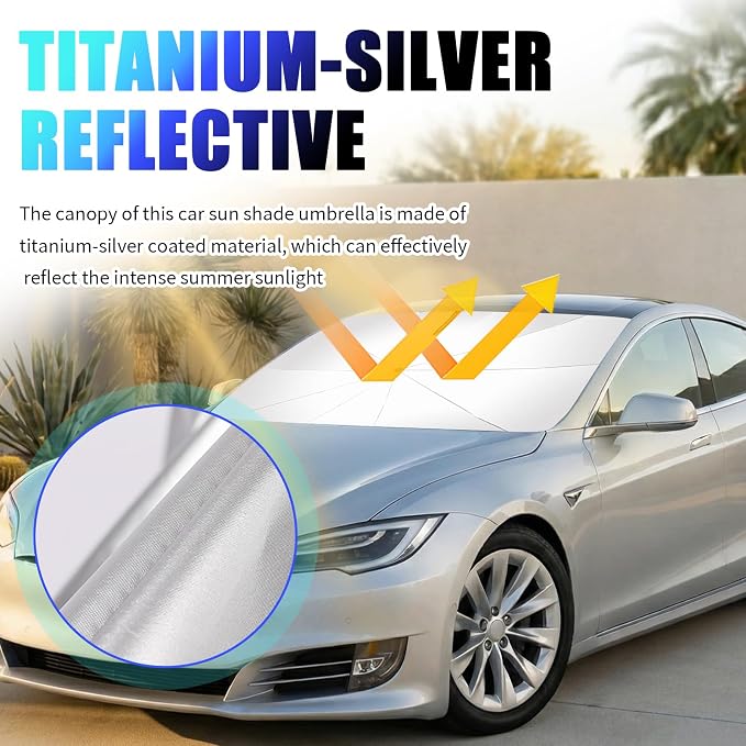 Car Windshield Sun Shade,Foldable Windshield Umbrella Sun Shade for Car for Reflecting Heat,Titanium Silver Umbrella Sunshade for Cars Windshields with Storage Pouch - Image 3