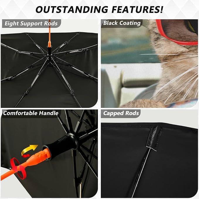 Fun Cute Cat Driving Windshield Sun Shade Umbrella Foldable Car Front Window Sunshade Blocks UV Rays Heat Keep Vehicle Cool (55" x 27.5") - Image 2