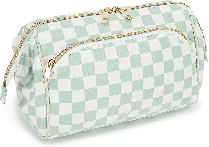 Fammart Travel Makeup Bag for Women, Waterproof Checkered Cosmetic Cosmetic Bag Make Up Organizer Case, Large Wide-open Toiletry Bag for Skincare, Brushes, Bathroom & Travel Essentials by Fammart