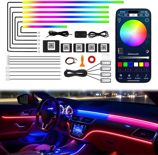 Acrylic Interior Car LED Lights, 18 in 1 Ambient Lighting Kit, APP Control | Dreamcolor Dynamic Chasing Music Sync Interior Strip Lights with DIY Mode, Car Inside Lighting Accessories by JINRUITOP