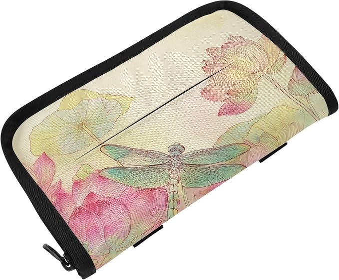 Car Tissue Holder Car Napkin Holder Tissue Box Dispenser Storage Case Sun Visor Mask Holder Accessories with Adjustable Straps Reusable Refillable Dragonfly Lotuses Yellow by Unknown