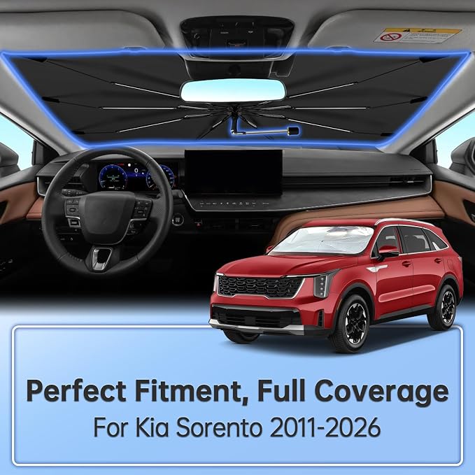 Windshield Sun Shade Umbrella for Kia Sorento 2021-2026 Front Window | Foldable Car Sunshade, Highly Reflective Auto Sun Shield Visor for UV Protection, Keep Car Cool Accessories - Image 2