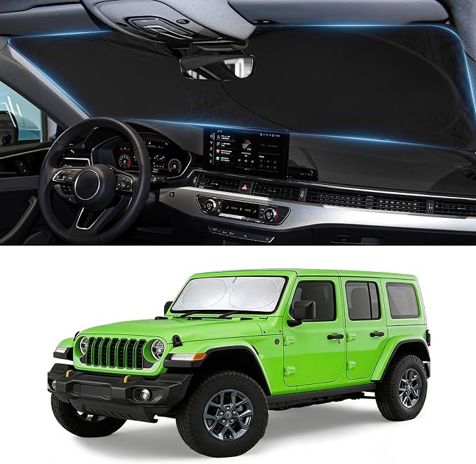 Windshield Sun Shade for 1997-2015 2016 2017 2018 Jeep Wrangler TJ JK JKU | Window Sun Visor Protector Foldable Blocks UV Rays Keep Your Car Cool Car Accessories by BOODANCARS