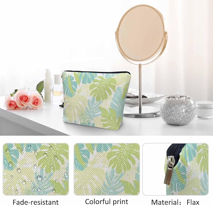 Palm Leaves Makeup Organizer Bag Cosmetic Bag For Men Women, Tropical Beach Palm Leaf Floral Travel Toiletry Bag Flax Makeup Bags Purse Business Makeup Pouch For Toiletries Cosmetics Green - Image 5