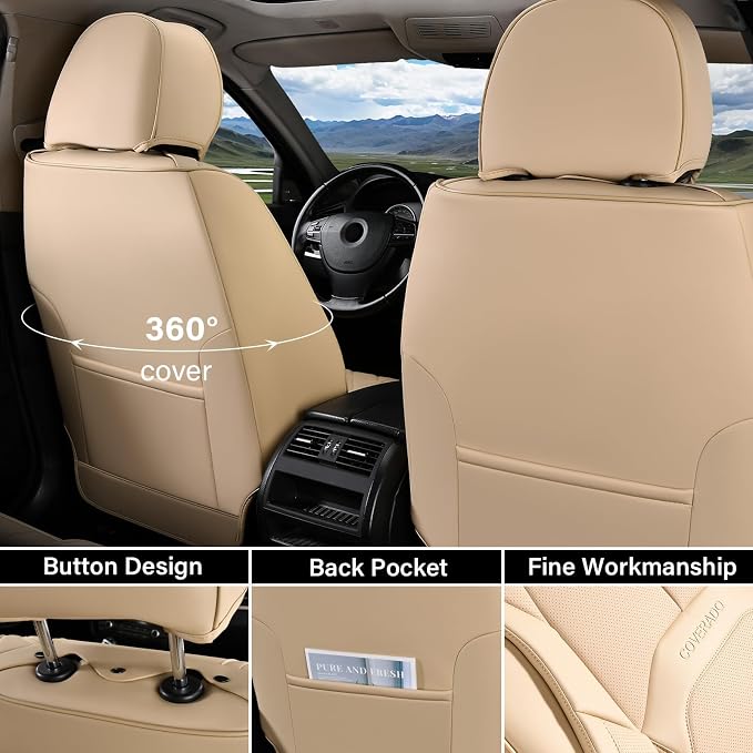 Coverado Car Seat Covers Full Set, Premium Nappa Leather Seat Covers for Car, Waterproof Car Seat Protector with Lumbar Support, Automotive Seat Covers Universal Fit for Most Cars SUV Truck(Beige) - Image 2