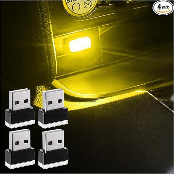 Augeny 4 PCS USB LED Car Interior Atmosphere Lamp, Plug-in USB Decor Night Light, Portable Auto Ambient Lighting Kit, Universal Vehicle Interior Accessories for Most Cars (Yellow) by Augeny