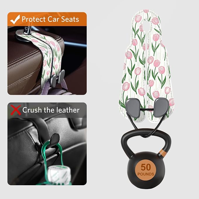 CoBak Purse Hook for Car - Universal Premium Stitched Leather and Aluminum-Magnesium Alloy Double Car Seat Back Storage Hook for Purses, Handbags, Bags (2 Pack),Tulip - Image 5