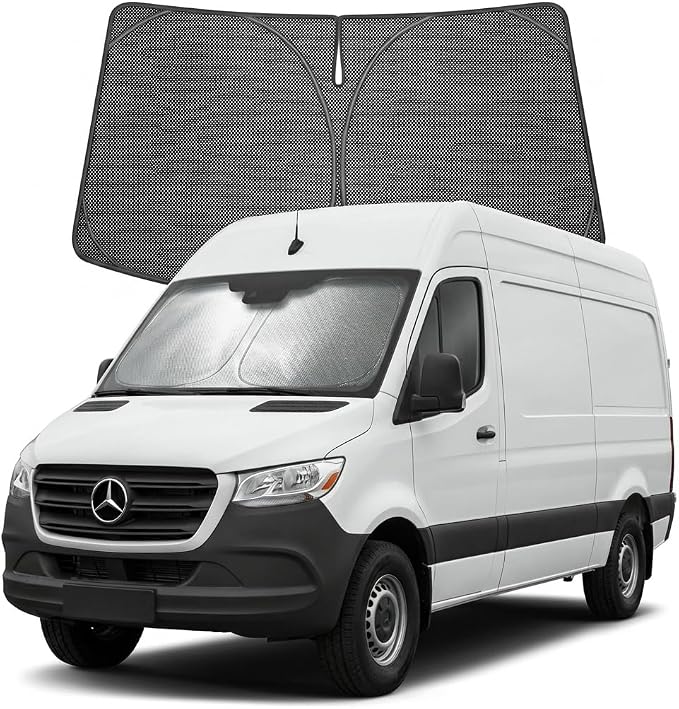 Proadsy Custom Fit Car Windshield Sun Shade for 2007-2026 Benz Sprinter | Ice Crystal Micro-Refraction Blocks 99% UV, Drops Cabin Temp 54°F. Foldable Full Coverage for Summer Parking/Camping Privacy by Proadsy