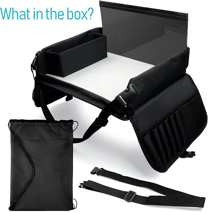 Kids Travel Tray for Car Seat, Carseat Table Tray for Kids Road Trip Activities, Car Trays for Kid Roadtrip Essentials, Toddler Lap Desk Organizer for Airplane - Black - Image 9