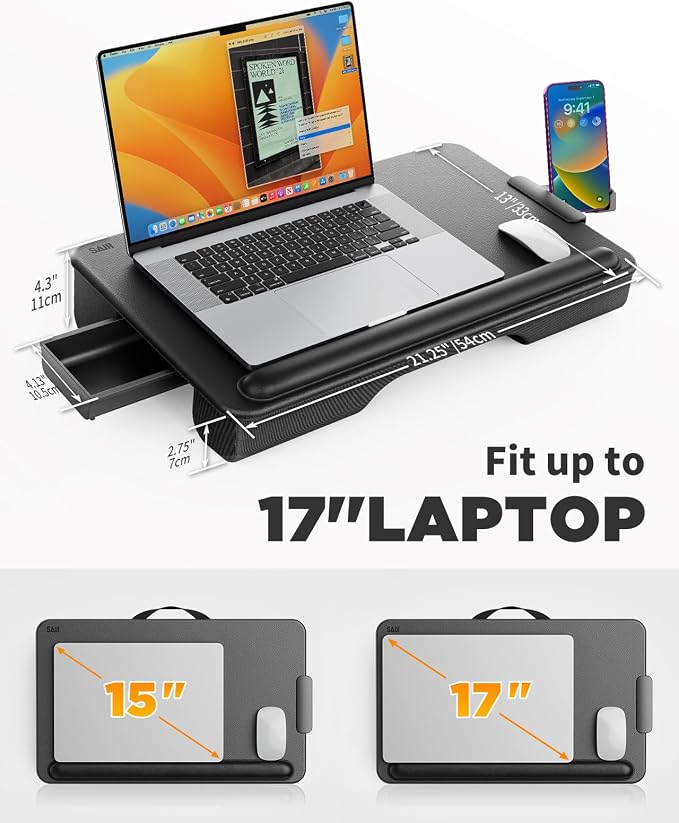 SAIJI Laptop Lap Desk, Portable Laptop Desk for Bed Fits Up to 17" Laptops | Lightweight Laptop Tray Table with Storage Drawer & Phone Holder, Lap Desk with Cushion, for Working or Gaming on Couch - Image 8