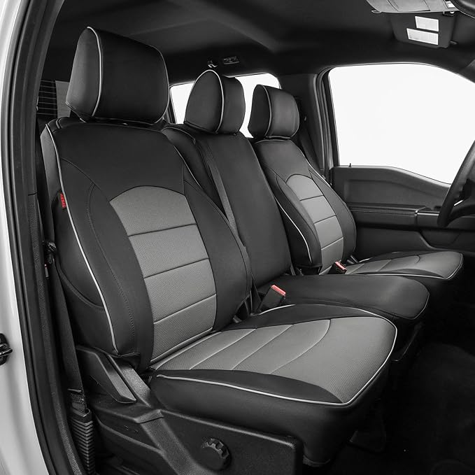 EKR F150 Seat Covers for (4 Door,SuperCrew) 2015-2020 Ford F150 XL/XLT & (CrewCab) 2017-2022 F250/F350/F450 SuperDuty XL/XLT,Family & Pet Friendly,Waterproof-Faux Leather(Black/Gray) by EKR