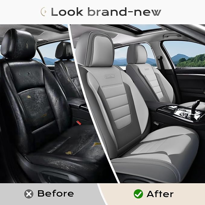 Coverado Car Seat Covers Front, Seat Covers for Cars, Waterproof 2-Pack Car Seat Cushion, Leather Carseat Seat Protectors, Universal Seat Covers Fit for Most Sedans SUV Pick-up Trucks(Gray&Light Gray) - Image 8