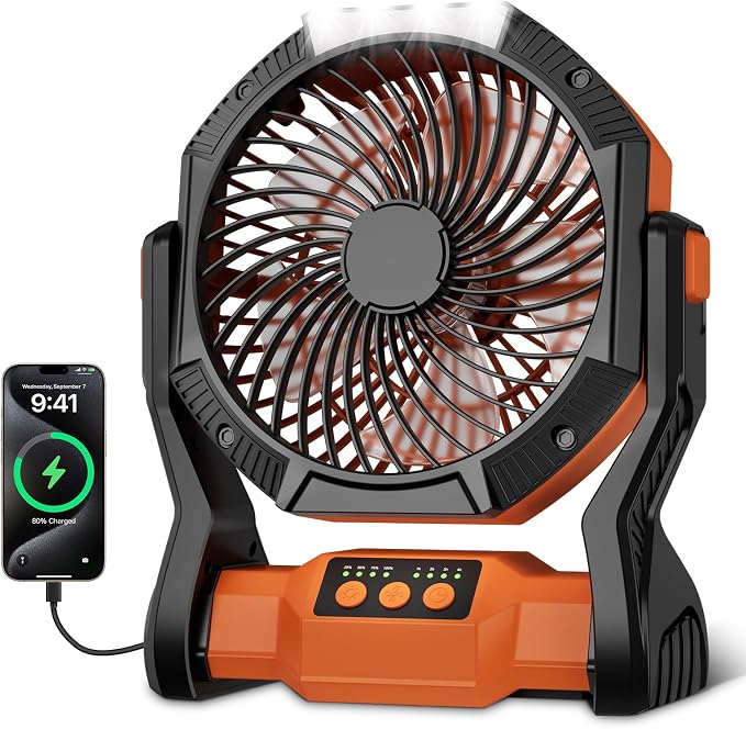 Portable Rechargeable Fan, 20000mAh Battery Powered Camping Fan with LED Light & Hook, 270° Adjustable, 4-Speed, 4H Timer Camping Essentials for Outdoor Tent Travel BBQ Car_Orange by Unknown