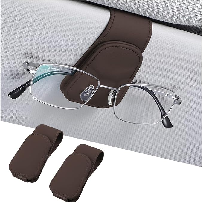 AICEL 2PCS Sunglasses Holders for Car Sun Visor, Magnetic Clip, Brown | Leather Eyeglasses Hanger Mounter, Magnetic Glasses Holder and Ticket Card Clip, Car Accessories, Universal Fit by AICEL