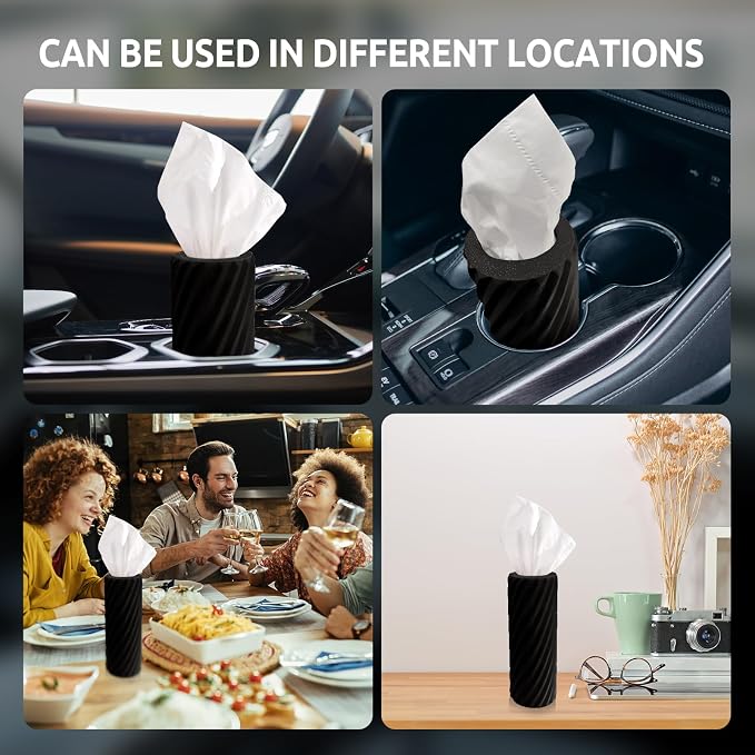 Car Cup Holder Tissue with 3 Pack Facial Tissues, Car Tissues Cylinder, Refillable Round Travel Tissue Tube for Vehicle, Office, Home Use (Black) - Image 7